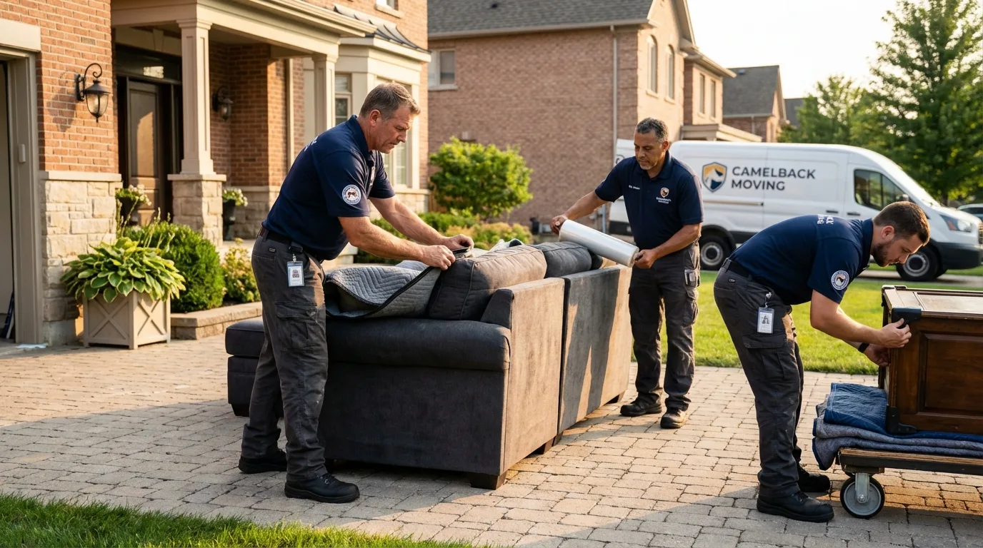 Large estate moving crew wrapping furniture in Stow, MA