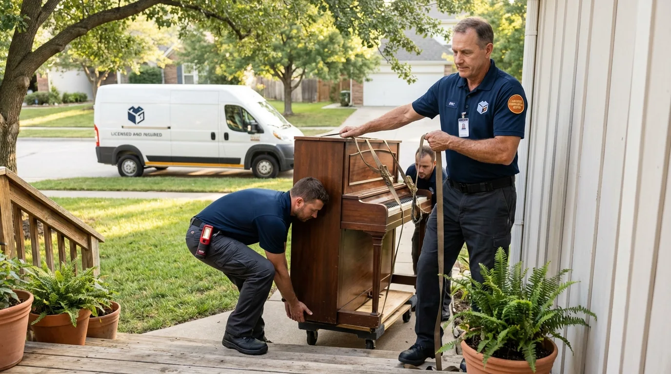 Licensed piano movers securing grand piano in Stow, MA