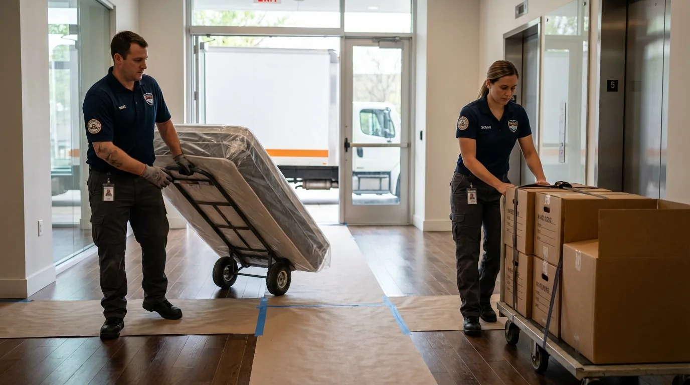 Professional apartment movers loading elevator in Stow, MA