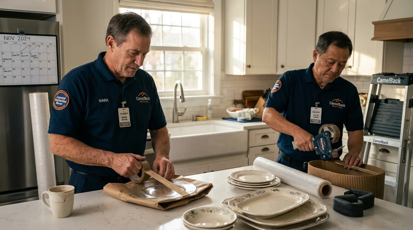 Professional crew packing kitchen dishware in Stow, MA